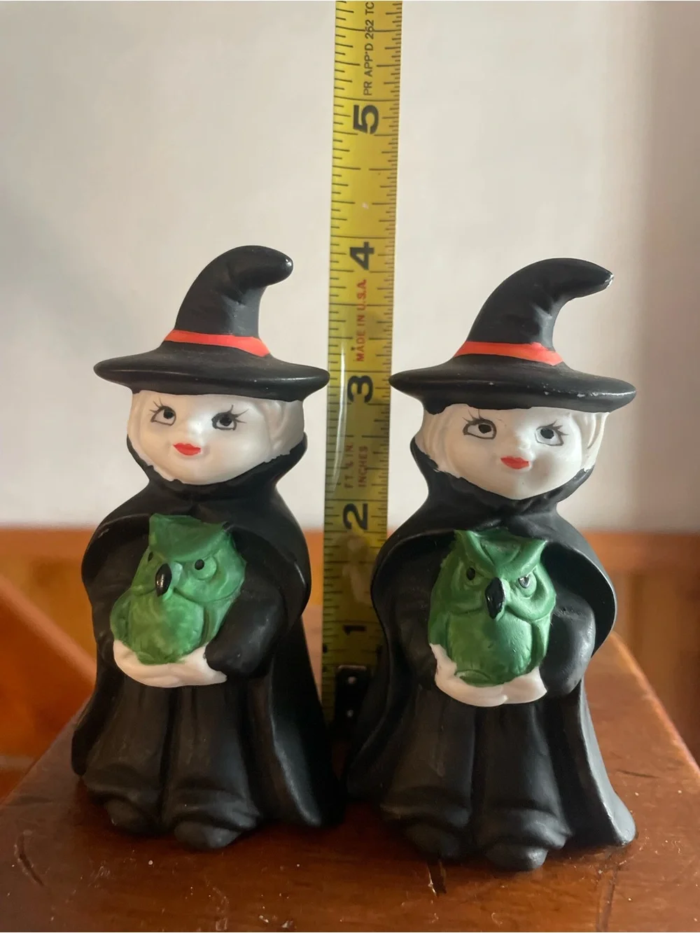 Vintage Witch Figurine Pair with Green Owl - Decorative Halloween Home Accent